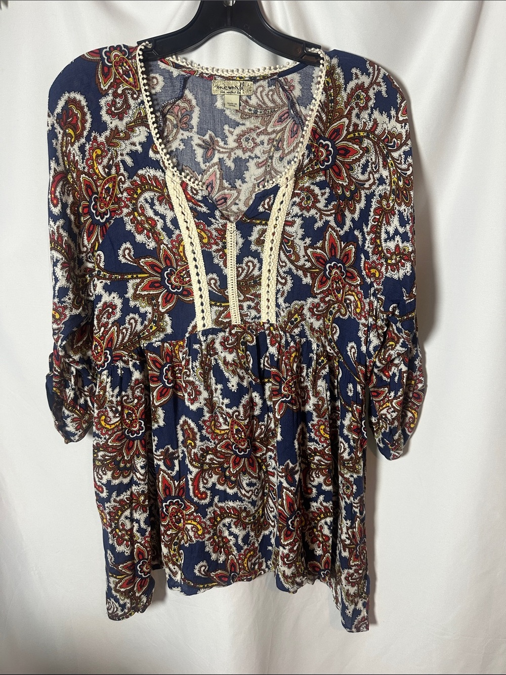 ONE WORLD Navy Paisley V-Neck Tunic with Cream Crochet Trim